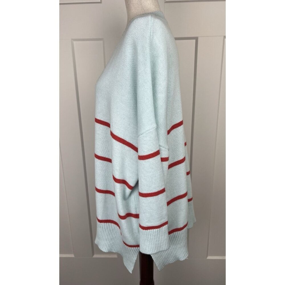 Mersea Oversized V-Neck Sweater Aqua Red Stripe Coastal Knit One Size Tunic - Picture 6 of 9